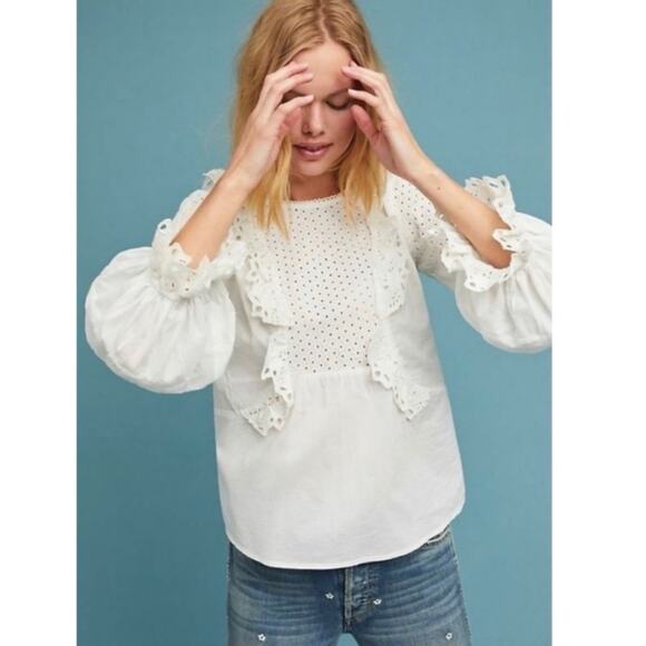 Anthropologie Tops - Anthropologie Seen Worn Kept Ivory Eyelet Ruffle 100% Cotton Blouse M